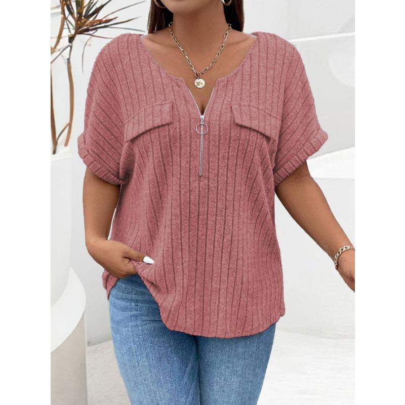 BITCED Весенне-летние однотонные женские топы больших размеров с коротким рукавом на молнии с ложными карманами, свободная футболка