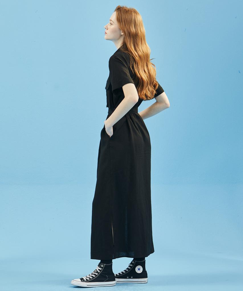 MANAVIS7 Льняное платье-рубашка с карманом [Черный]