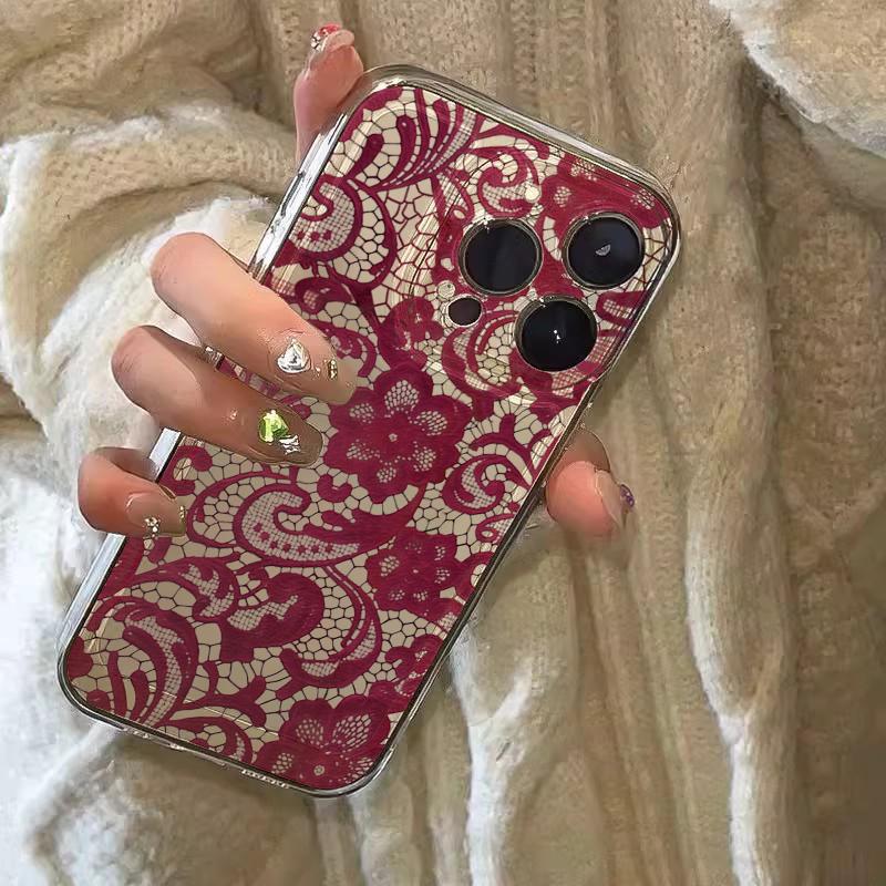 Красный Чехол для Телефона с Кружевным Узором для iPhone 17 16 15 11 12 14 13 Pro Max Mini X XS XR 7 Plus 17E Ударопрочный Мягкий Чехол-Оболочка Fundas