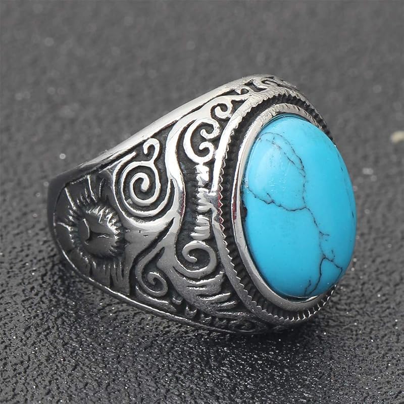 Oakky men's stainless steel Silver black  oval turquoise inlay ring blue size 19