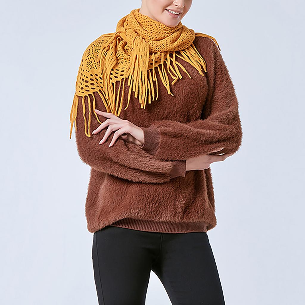 Elegant Women's Knitted Triangular Scarf Imitation Cashmeres Warm Winter Shawl Ponchos with Stylish Fringes Accents