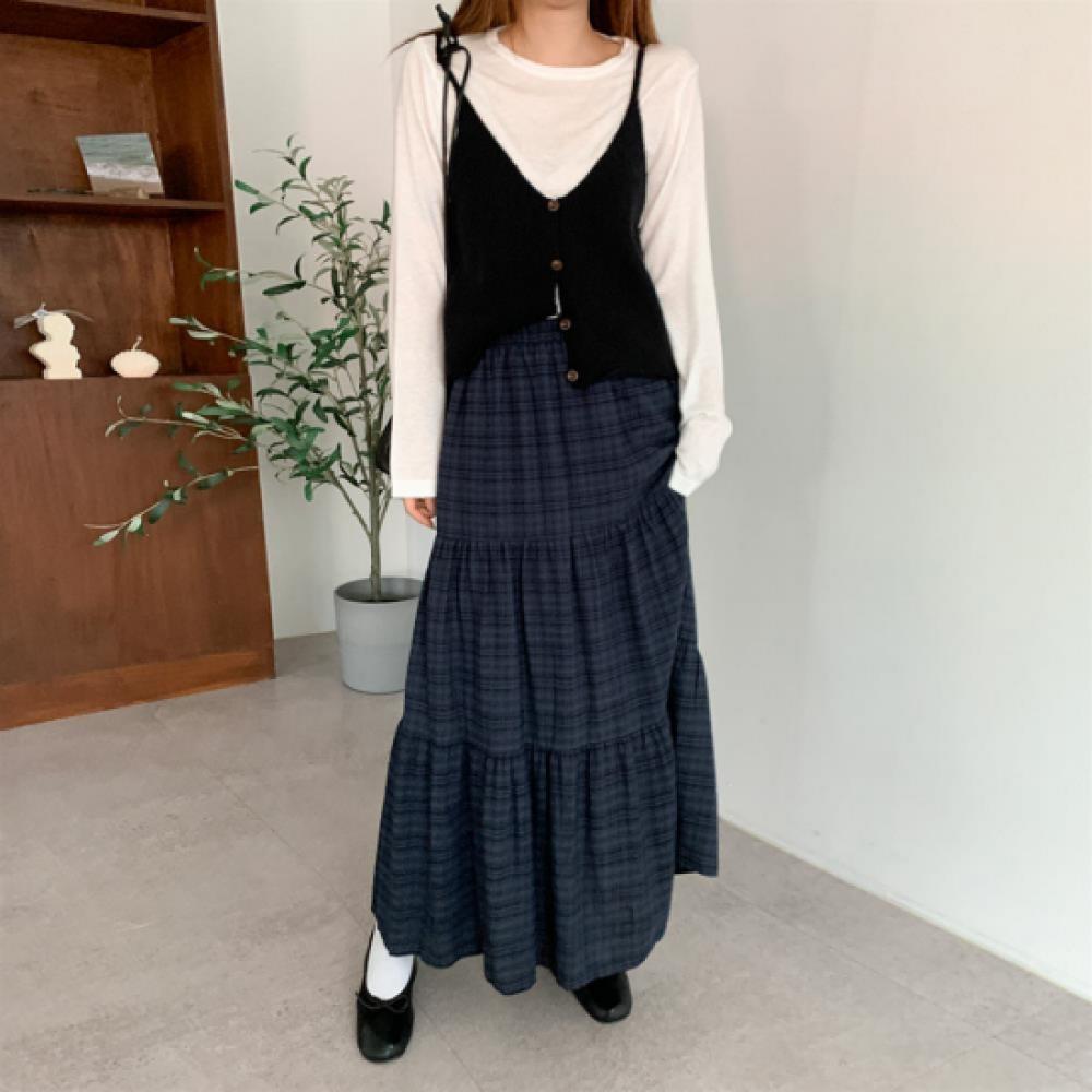 New Arrivals Open Run Women Classic Check Pattern Long Skirt Cotton Rayon Ruffle