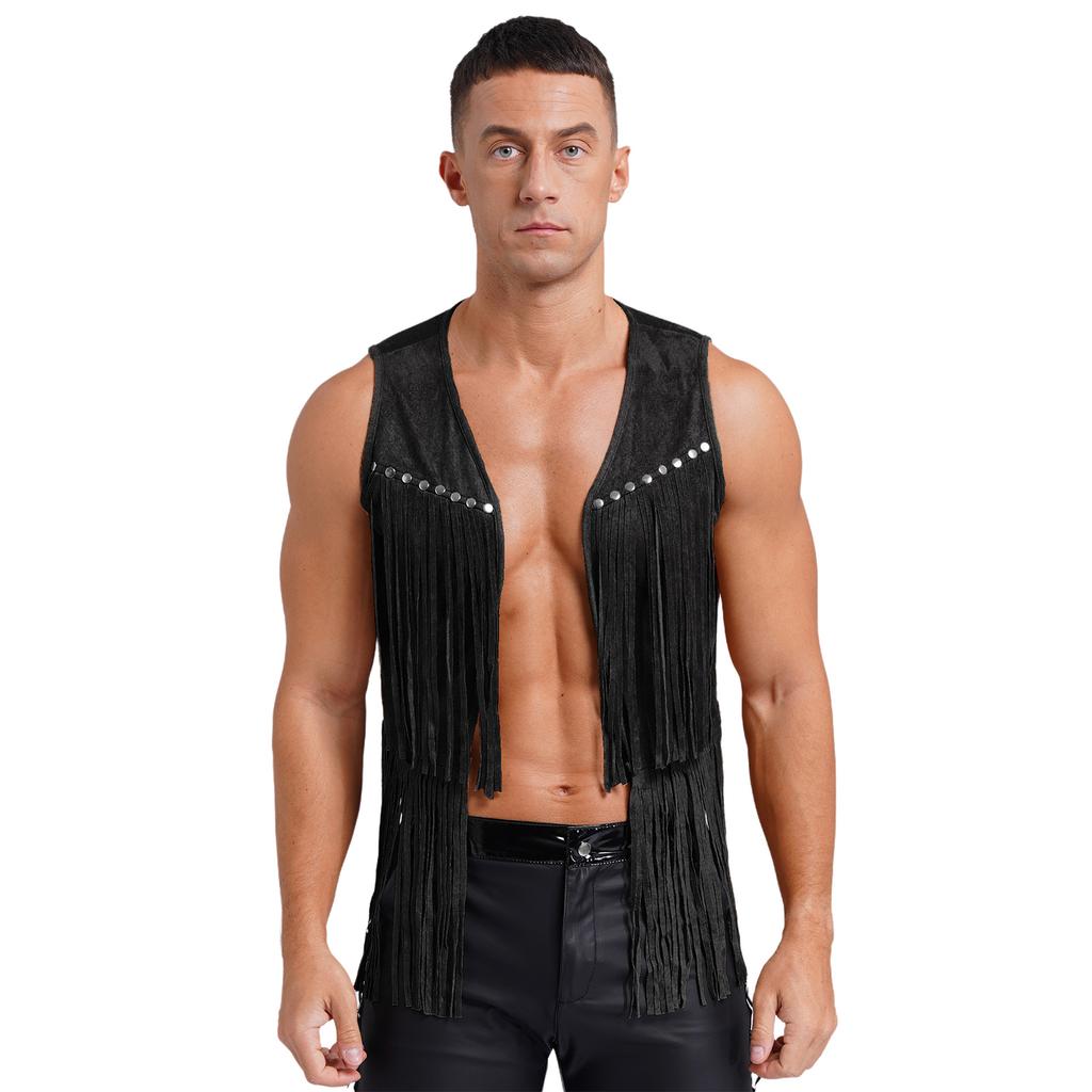 Mens Western Cowboy Vintage Faux Suede Tassel Vest Tops Open Front Rivets Fringe Waistcoat Jacket Festival Rave Party Clubwear