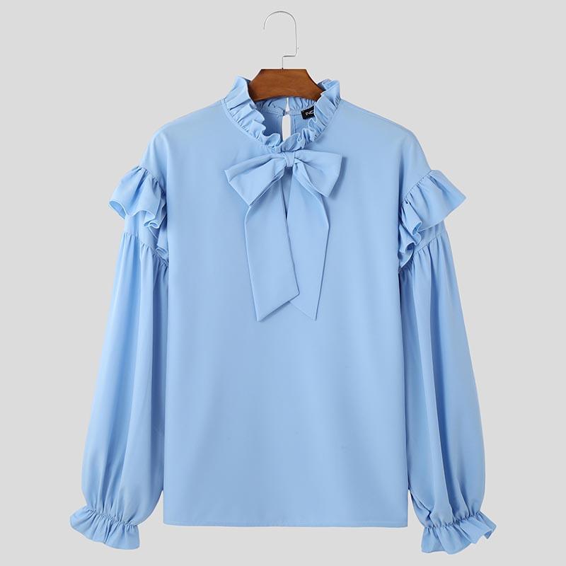 INCERUN Men Elegant Ruffled Neck Shirts Casual Bow Knot Long Sleeve Tops