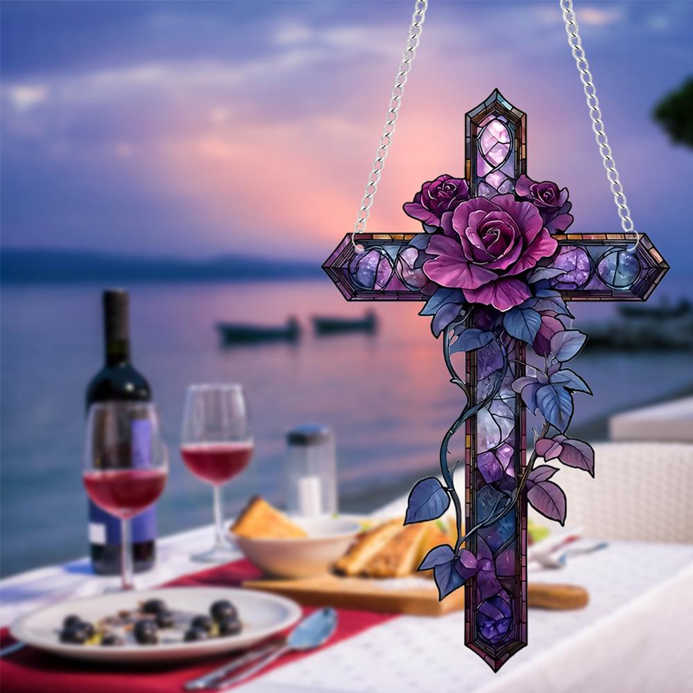 Purple Rose Cross Sun Hanging Ornament Suncatcher Hanging Ornament Tree Handmade Gift Decor Chr C6T6