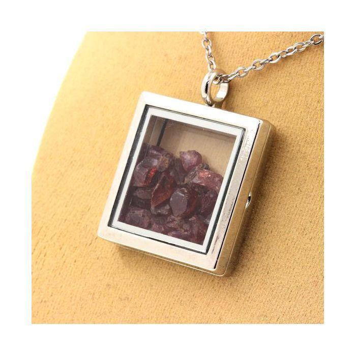 Stones and Minerals. Raw Rhodolite Garnet Necklace. Square Model. Color Silver.