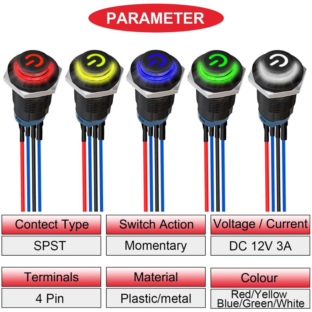 MKBKLLJY 5 шт. 12 мм кнопочный переключатель со светодиодом SPST, 2 положения, вкл./выкл., предварительно смонтированный для автомобиля (Красный/Желтый/Синий/Зеленый/Белый)