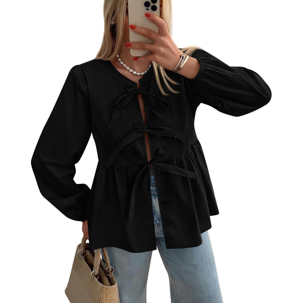 Женский топ с завязками спереди и баской Y2k Puff с короткими рукавами и бантом на шнуровке, блузки Babydoll с оборками по подолу