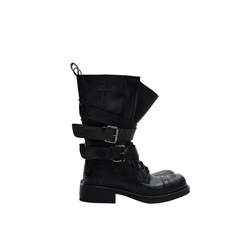 Британский стиль ретро черные средней длины рыцарские ботинки женские 2025 весна и лето новые мягкая кожа толстый каблук пряжка ремня ботинки-локомотивы
