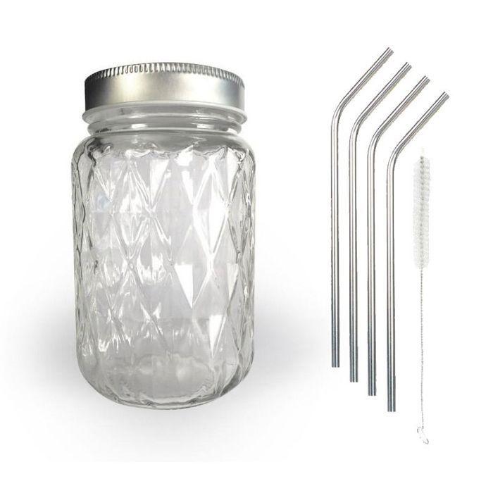 Mason Jar with 37.5 Cl Diamond Lid + 4 Stainless Steel Straws