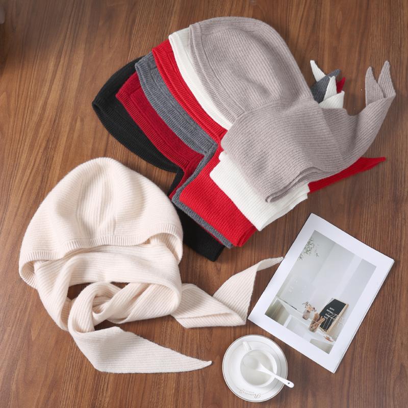 Women's 100% Cashmere Hooded Scarf Windproof Solid Color Knit Soft Shawl Elegant Neck-Protect Fashion Outdoor Winter Accessory