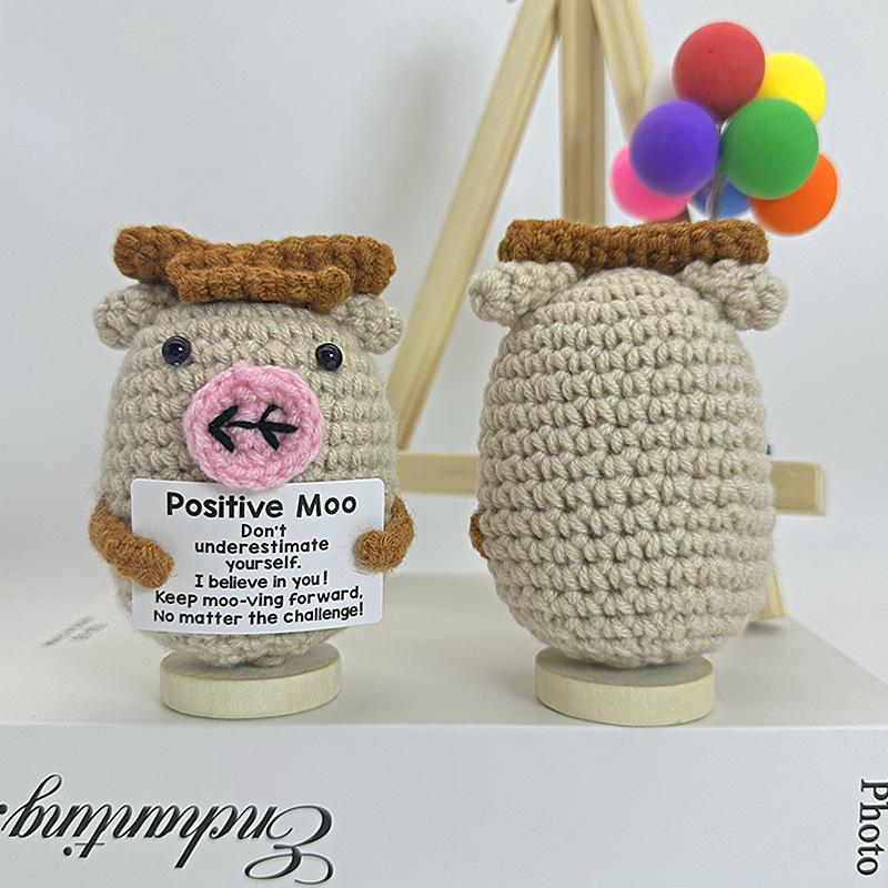 Funny Positive Crochet Cow Doll Desktop Ornament Handmade Cheer Emotional Support Positive Cow with Card Home Party Decoration