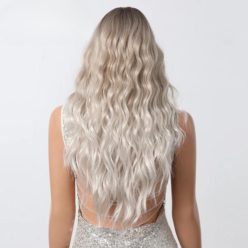 Стиль Постепенное изменение Платиновая челка из восьми символов Подстриженное лицо Длинные вьющиеся волосы Натуральный ленивый модный парик Полная прическа