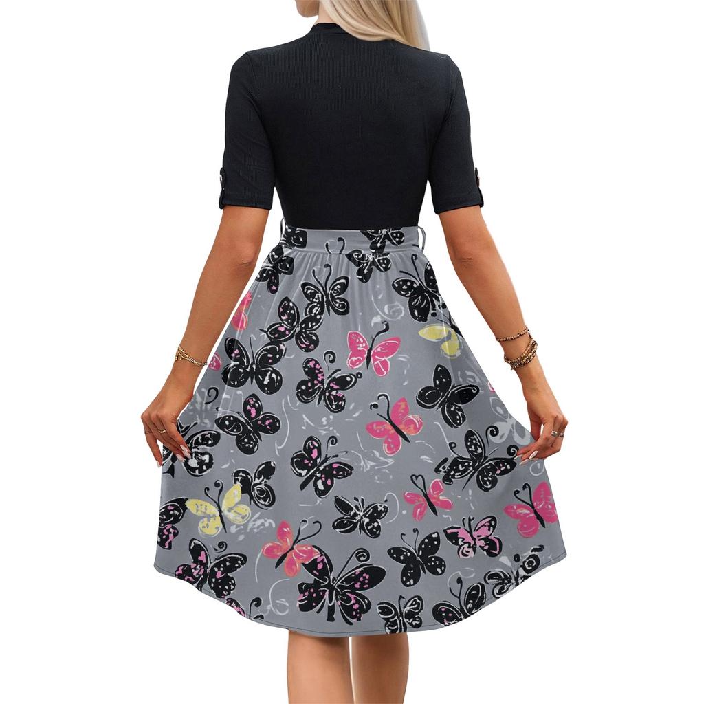 Women's Fashion Casual Belt Short Sleeve Round Neck Floral Elegant Temperament Dress