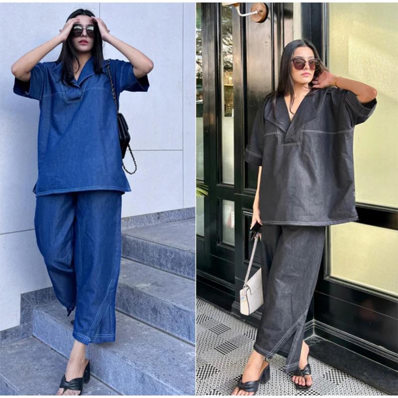 2025 Летний повседневный комплект из джинсовой ткани для женщин, модные винтажные рубашки с отложным карманом, широкие брюки на шнурке, комплект из 2 предметов, однотонный наряд