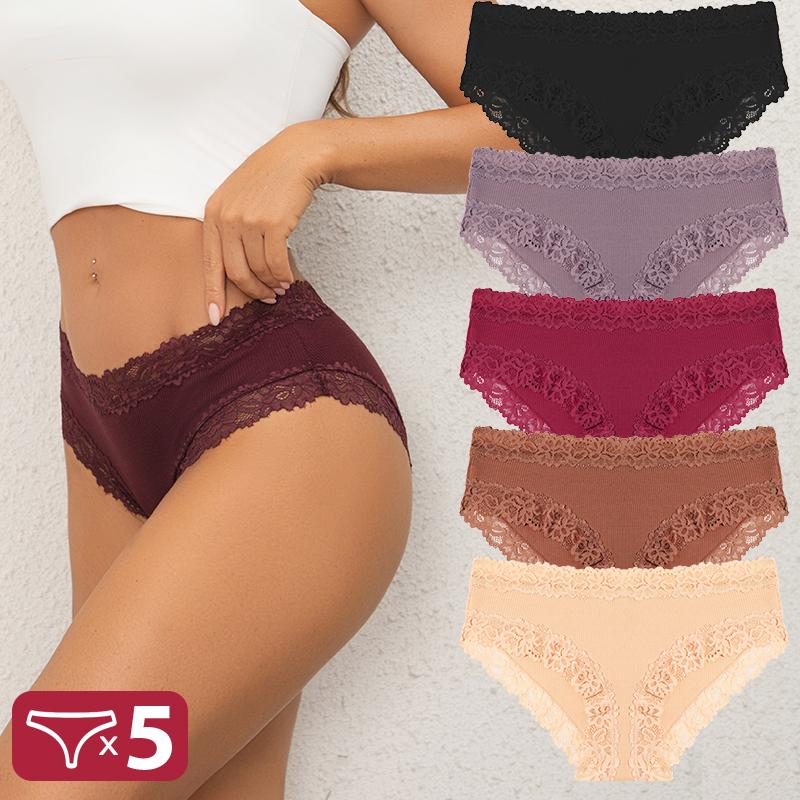 FINETOO 5 шт. Хлопковые трусики Женские трусы с цветочным кружевом Бесшовное сексуальное нижнее белье С низкой посадкой Эластичные трусы Женские Дышащие Мягкие