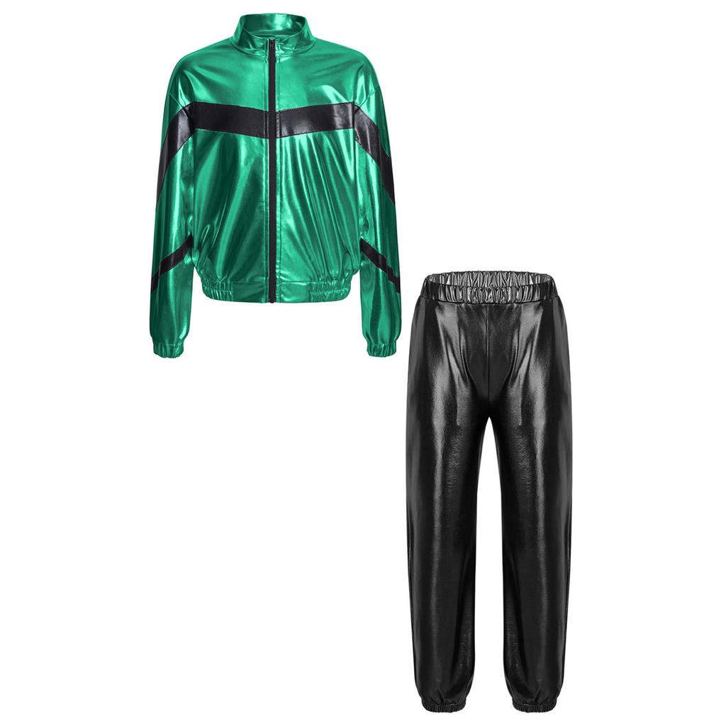 Детская куртка с металлизированным воротником-стойкой и длинными рукавами для девочек на молнии спереди и брюки с эластичной резинкой на талии для танцевальных выступлений в стиле хип-хоп