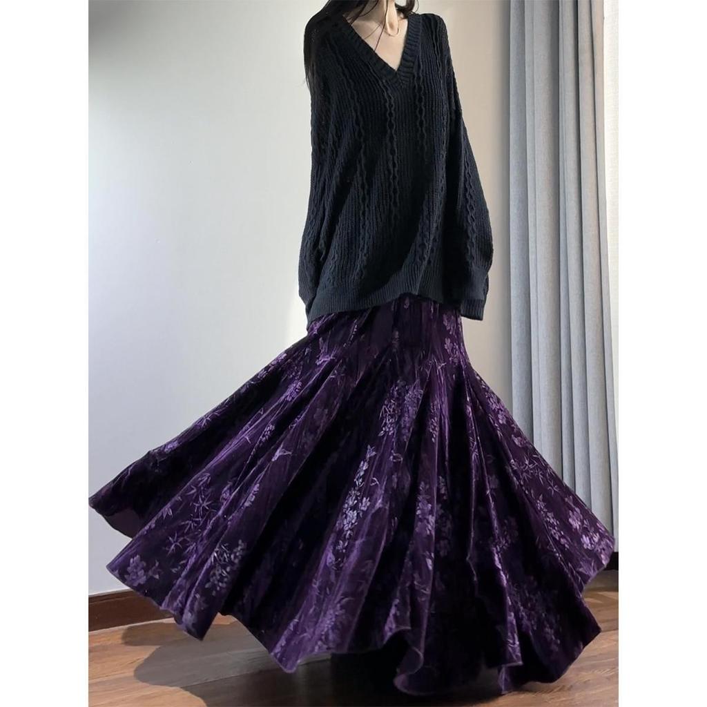 Элегантная бархатная юбка-рыбка в китайском стиле - Мода Осень/Зима с высокой талией и широким подолом