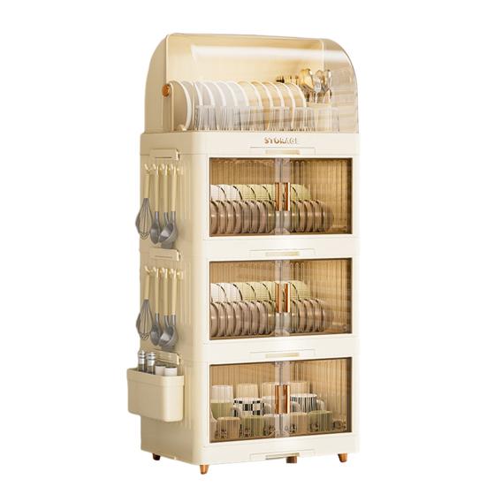 Штабелируемый ящик для хранения посуды, многоярусный органайзер для столовой посуды с прозрачной крышкой, дверцами, крючками, контейнеры для хранения тарелок, чашек, с поддоном для слива