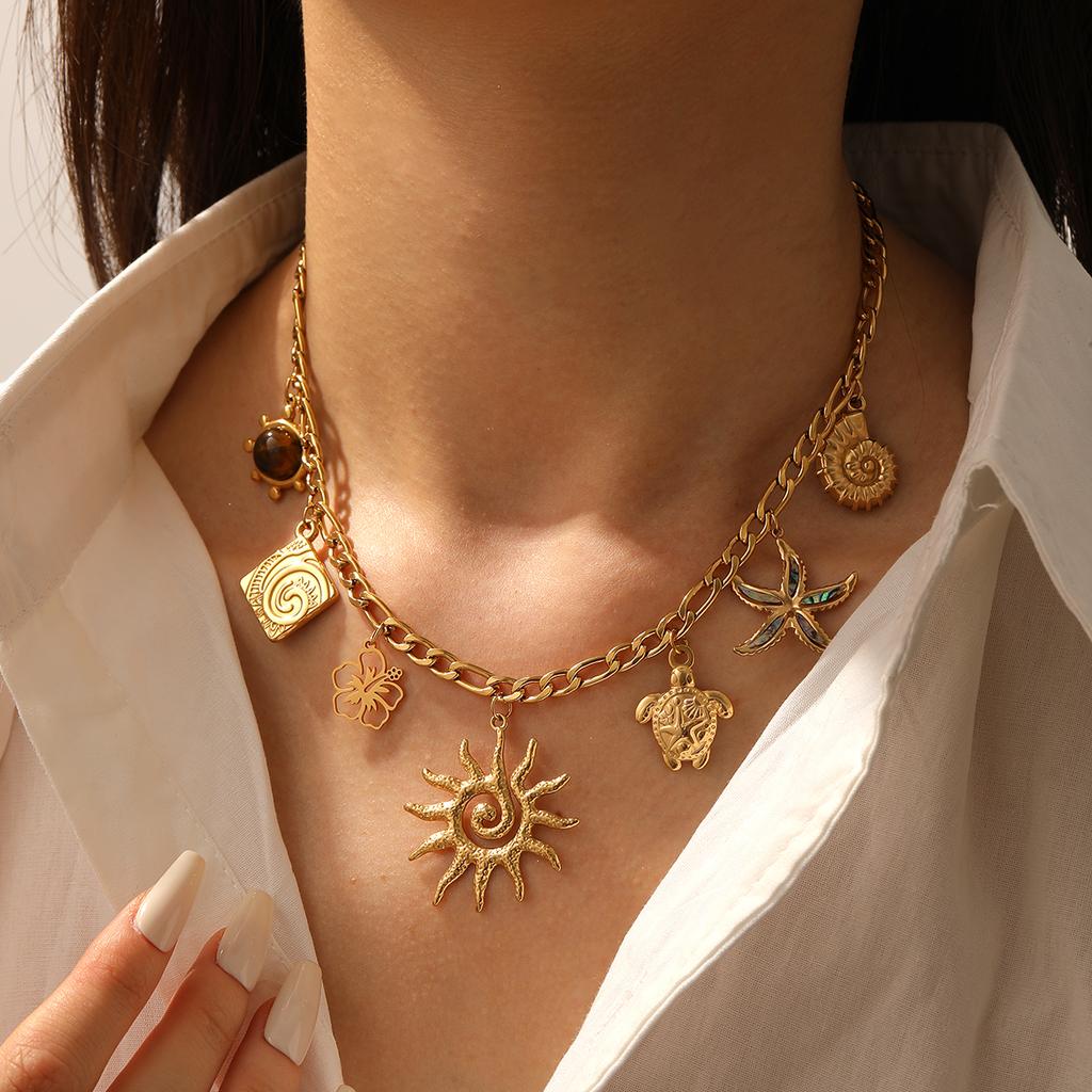 DIEYURO 316L Stainless Steel Golden Sun Totem Starfish Turtle Conch Flower Necklace Women New Waterproof Neck Chain Jewelry