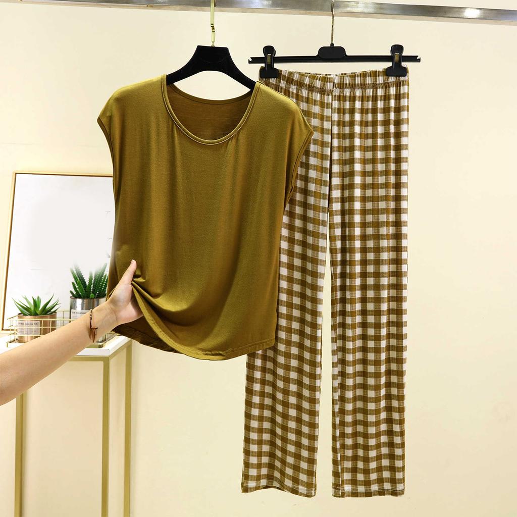 Женский повседневный и удобный топ с круглым вырезом однотонной расцветки и брюки с клетчатым принтом большого размера