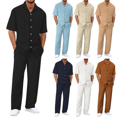 Мужской летний комплект из рубашки и брюк в гавайском стиле с однотонной полоской и текстурированными пуговицами
