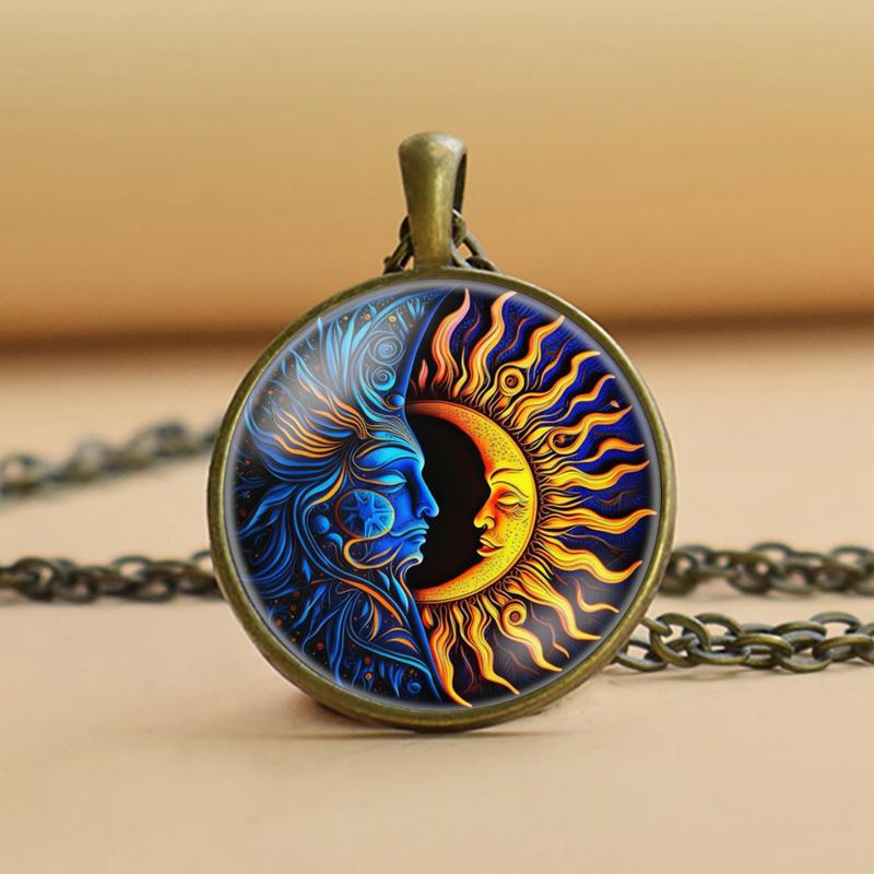 Moon and Sun Glass Cabochon Pendant, Moon and Sun Necklace, Moon Sun Jewelry for Women