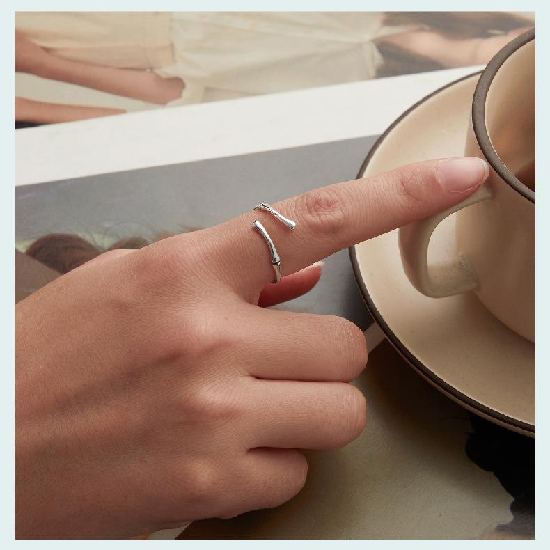 S925 Sterling Silver Simple Bamboo Open Ring, Cross-Border Fashion Minimalist Style Adjustable Ring Jewelry
