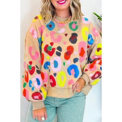 Зима 2024 года, новый свободный универсальный свитер с круглым вырезом и леопардовым принтом для женщин