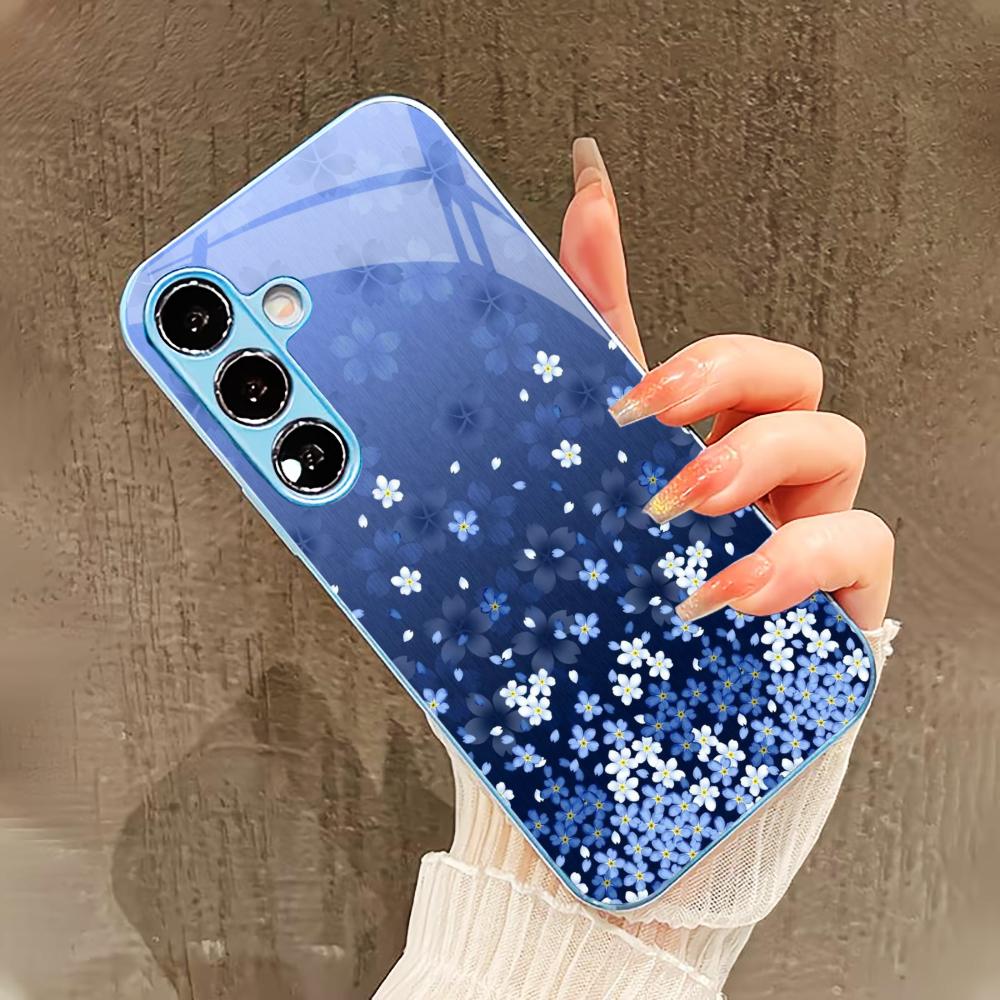 Сине-белые цветы Чехол для телефона для Samsung Galaxy S26 S25 S24 S23 S22 FE Ultra Plus Встроенное стекло ощущение голого телефона Мужчины женщины