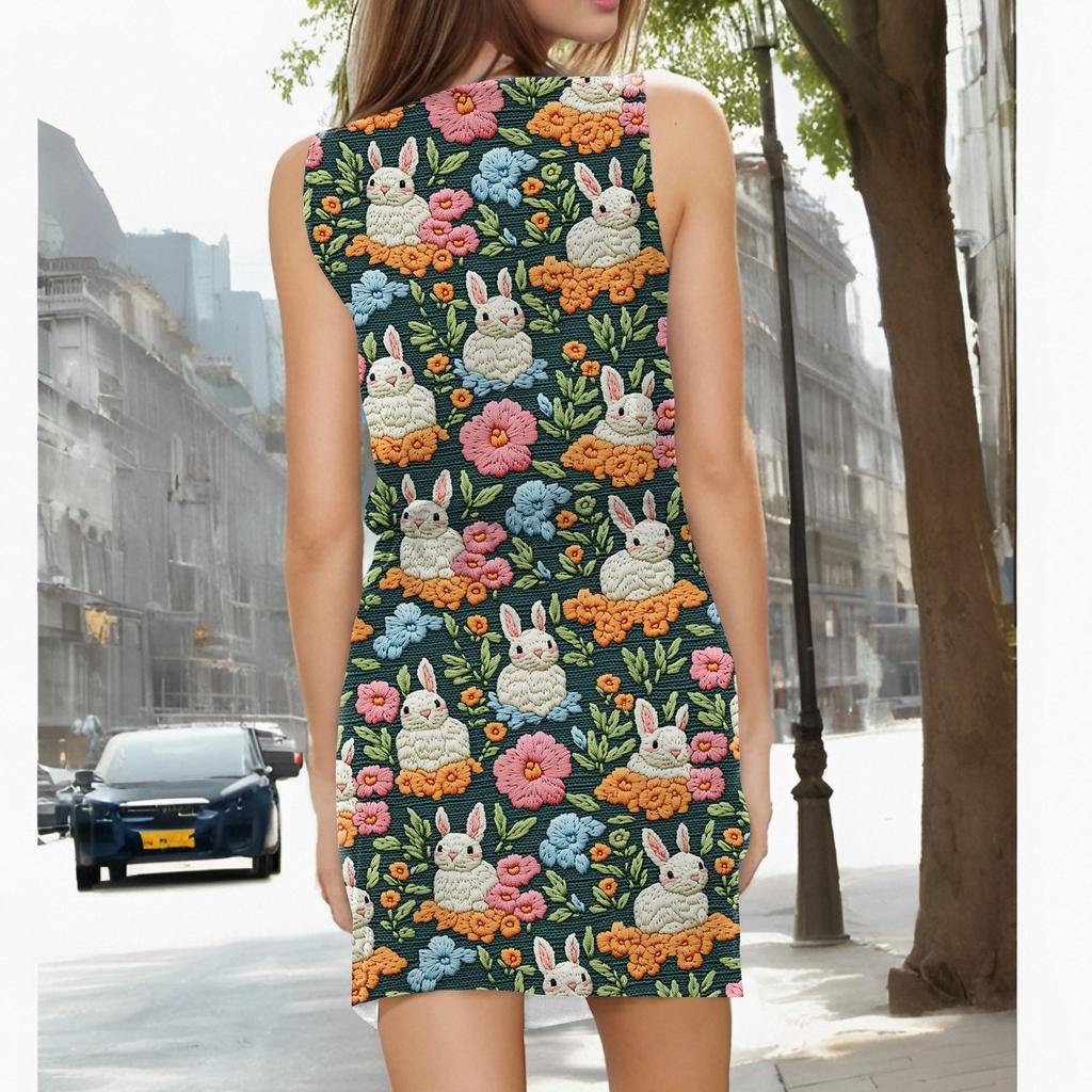 Women's Fashion Casual Easter Printed Sleeveless Drawstring Dress With Pockets