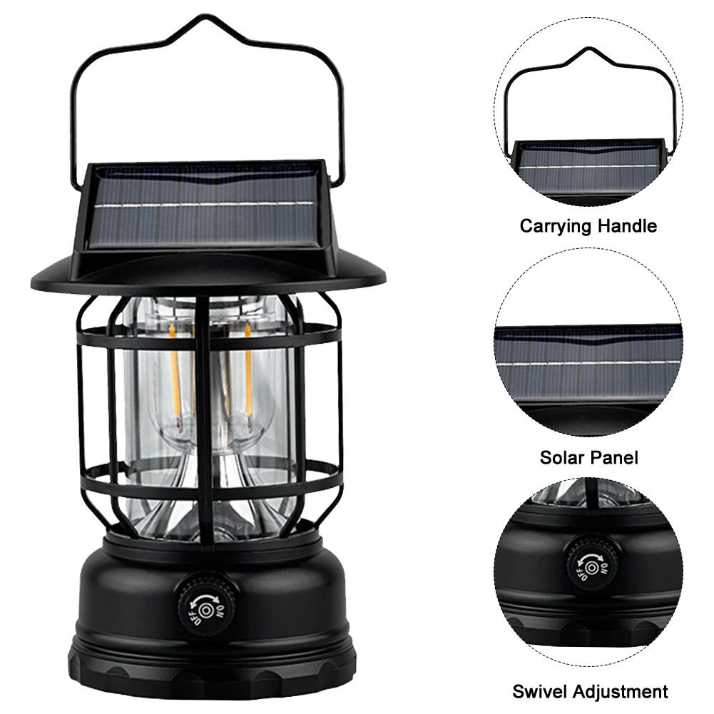 Solar Powered Outdoor Camping Lantern with Knob Portable Tent Light Dimmable Hanging Retro Lantern for Hiking Emergency
