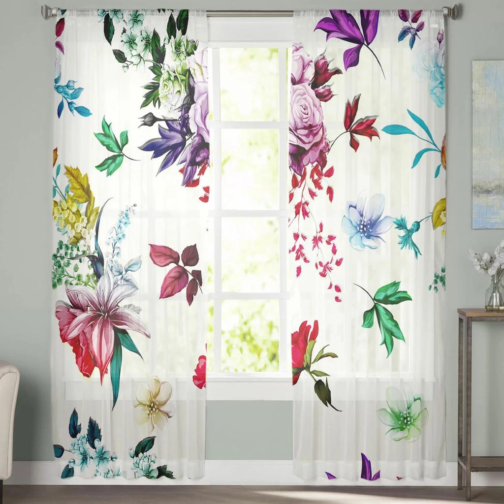 Flower Leaves Watercolor Tulle Curtains for Bedroom Hall Living Room Decor Chiffon Curtain for Balcony Kitchen Home Drapes