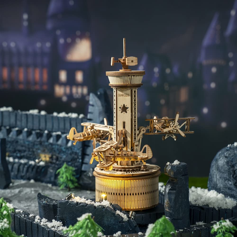 3D движущаяся деревянная головоломка со светодиодами и музыкальной шкатулкой с японскими инструкциями Tsukurundesu® (Диспетчерская вышка)