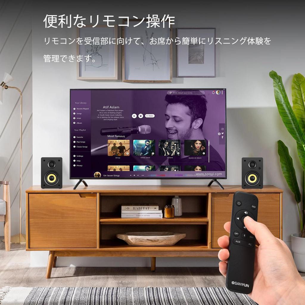 Sanyun SW206 HiFi Bookshelf Speaker with Studio 80W Bluetooth and Audio USB and Desktop MDF Remote Control Black 4-inch Mode, Active, 5.4, Optical,