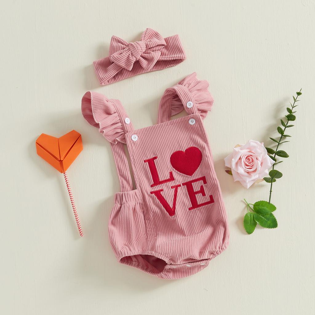 Baby Girl Romper Overalls Casual Valentine's Day Letter Embroidery Jumpsuit and Headband Set Fashion Clothes Outfits