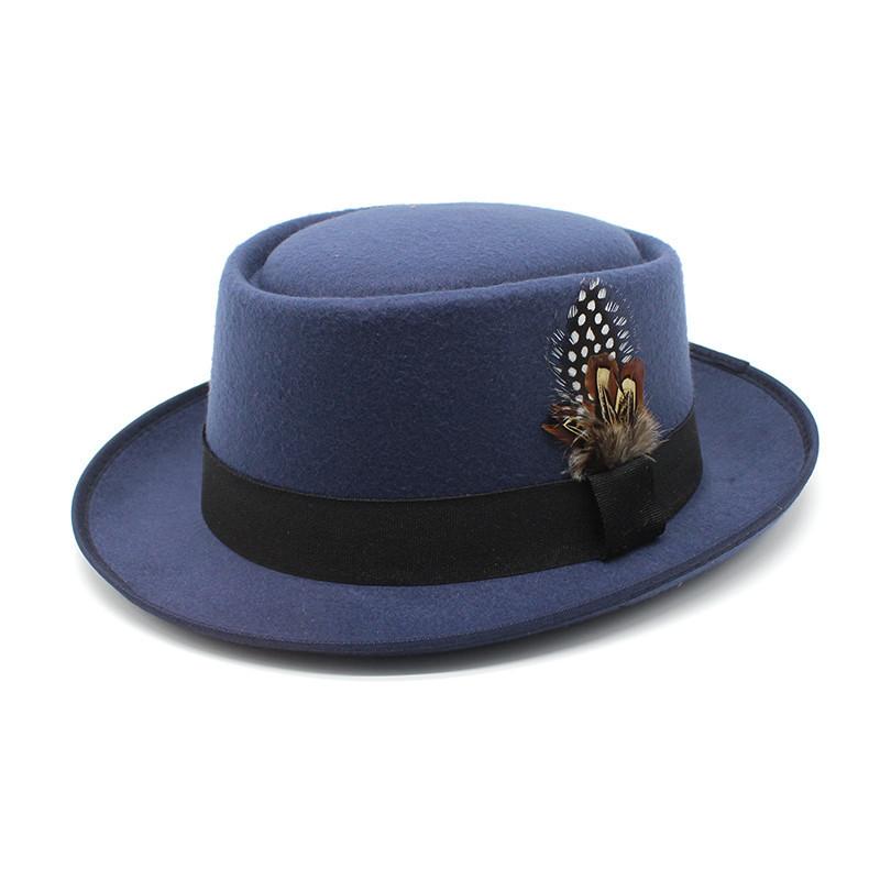 Hat Female British Retro Fashion Versatile Jazz Hat Flat Top Tweed Feather French Top Hat