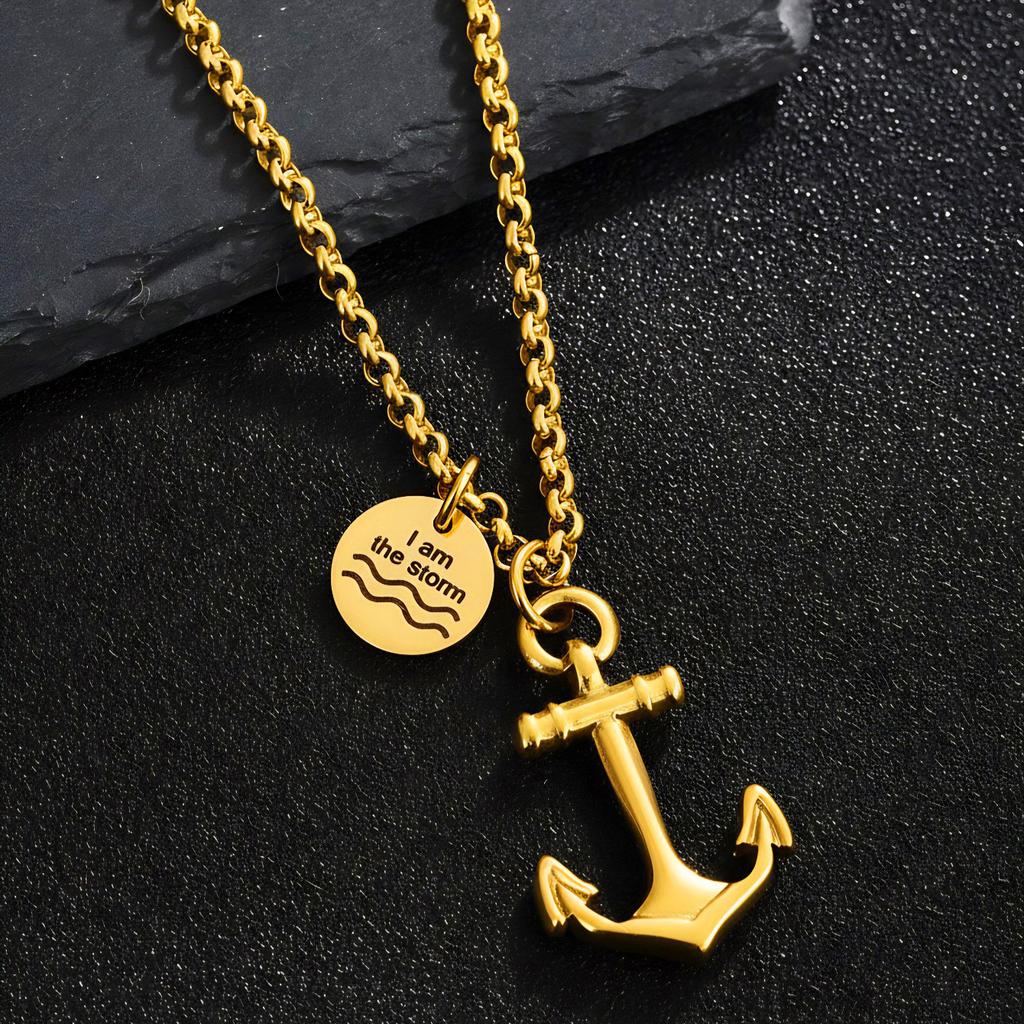 Fashion Round Medal Anchor Pendant Square Bead Chain Necklace for Men Women