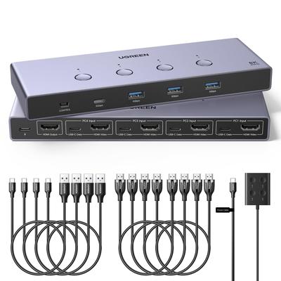 KVM-переключатель UGREEN HDMI для 4 компьютеров с 4 портами USB, алюминиевый KVM 4 в 1, общий доступ к 1 жесткому диску, включает 4 порта HDMI, 4 порта USB и настольный контроллер, 8K@60Hz, порты USB 3.0,