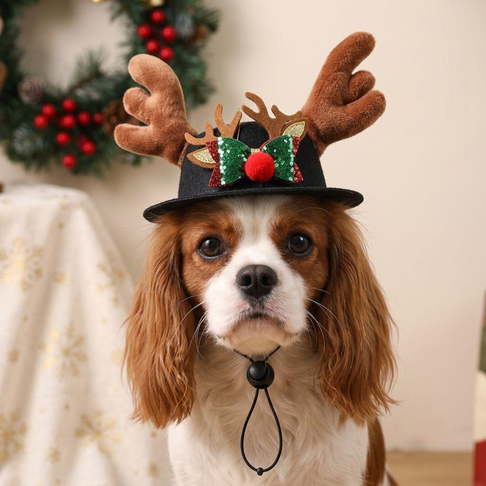 Sequin Bow Pet Christmas Antler Hat Soft Plush Snowflake Pet Hat Party Photo
