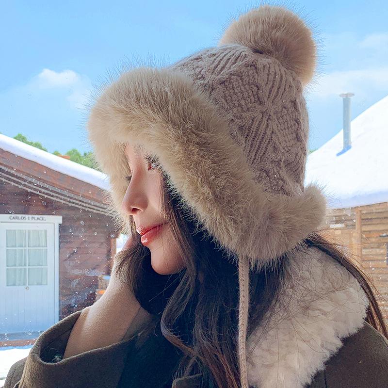 Зимняя шапка из искусственного меха лисы для женщин - толстая теплая вязаная шапка-ушанка, ручная стирка, смесь хлопка, не растягивается