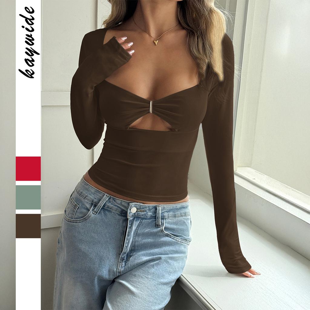 Сексуальная однотонная футболка с длинным рукавом в стиле Hot Girl для женщин 2025 Осень и Зима
