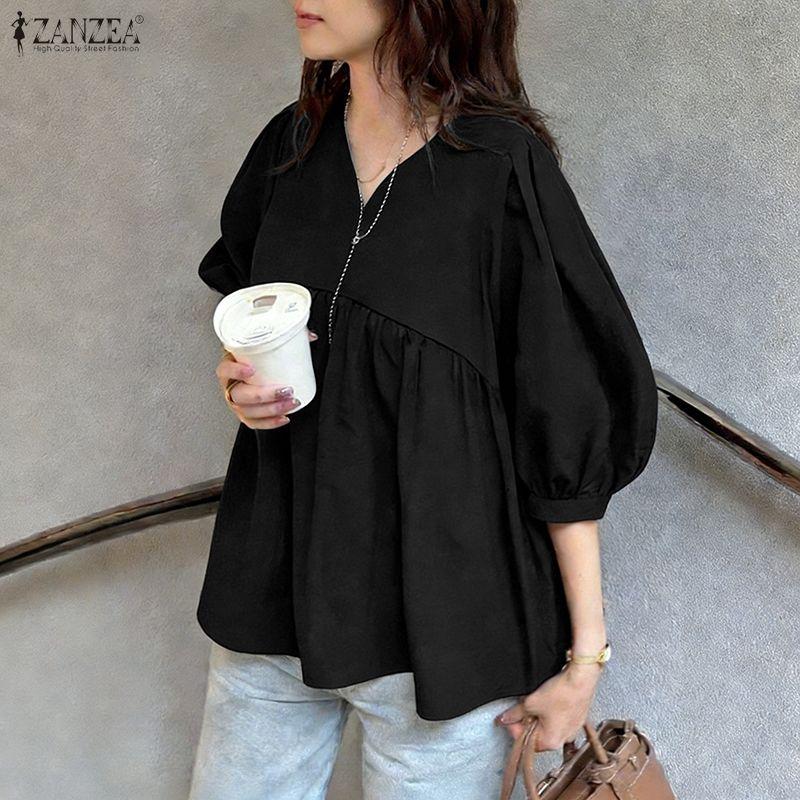 ZANZEA Женская повседневная однотонная блузка с v-образным вырезом и рукавами 3/4