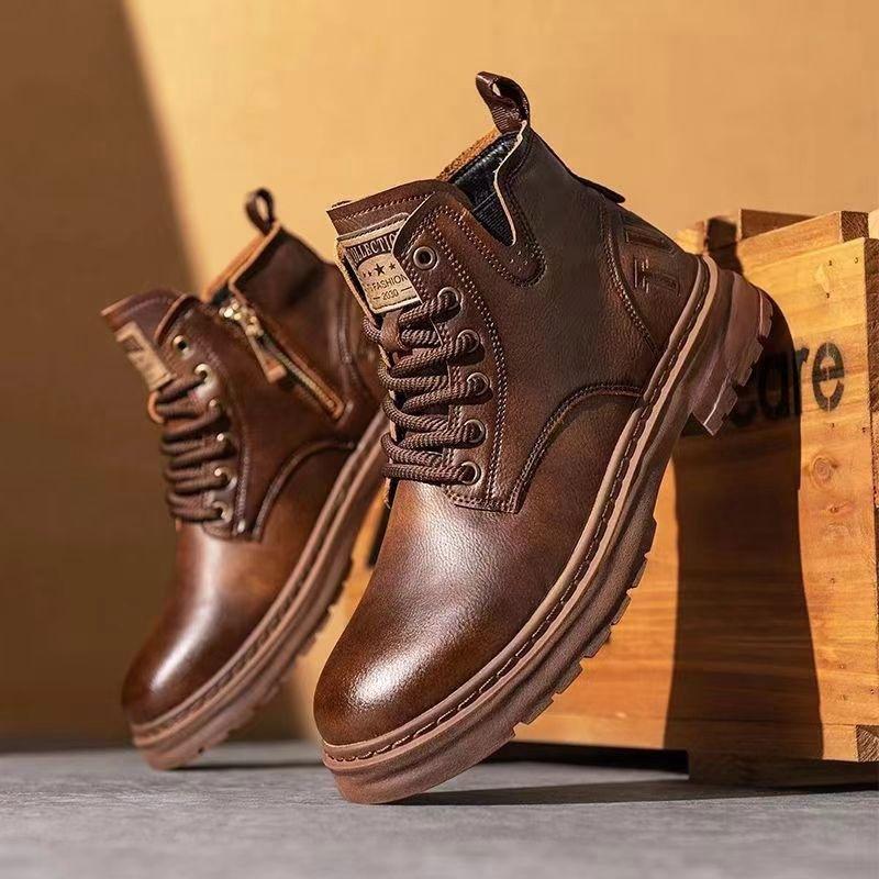 British Men's Shoes Autumn and Winter New High-top Velvet Leather Breathable Casual Shoes Trendy with Retro Martin Boots Men
