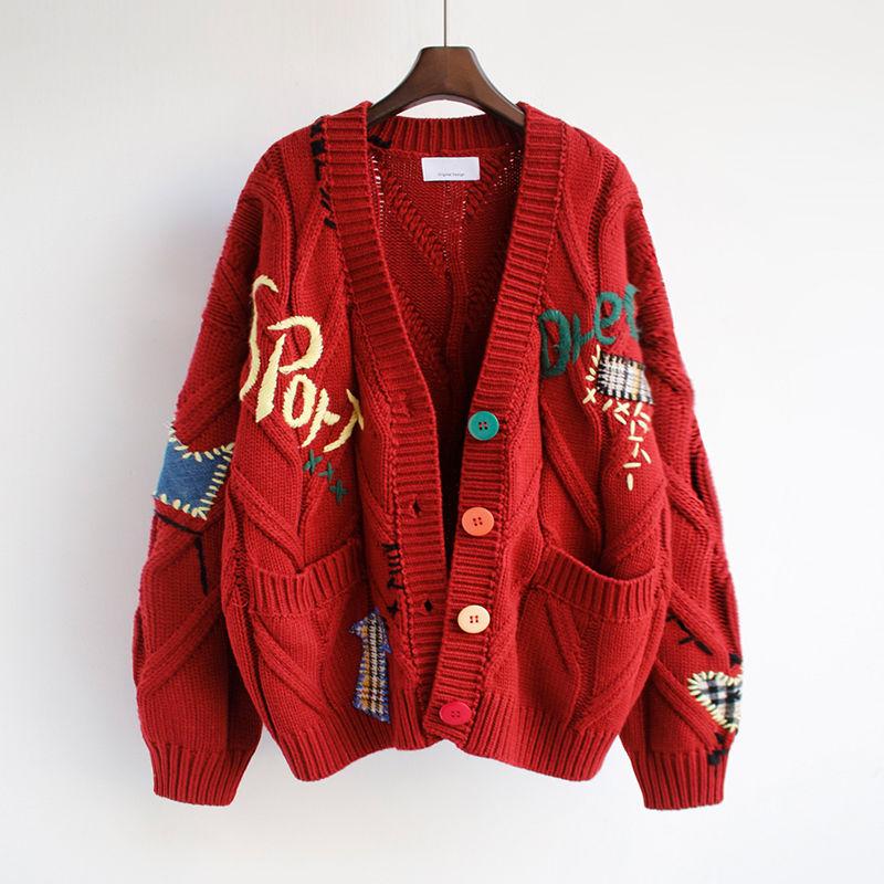 Autumn Winter Women Cardigan Warm Knitted Sweater Jacket Pocket Embroidery Fashion Knit Cardigans Coat Lady Loose Sweaters