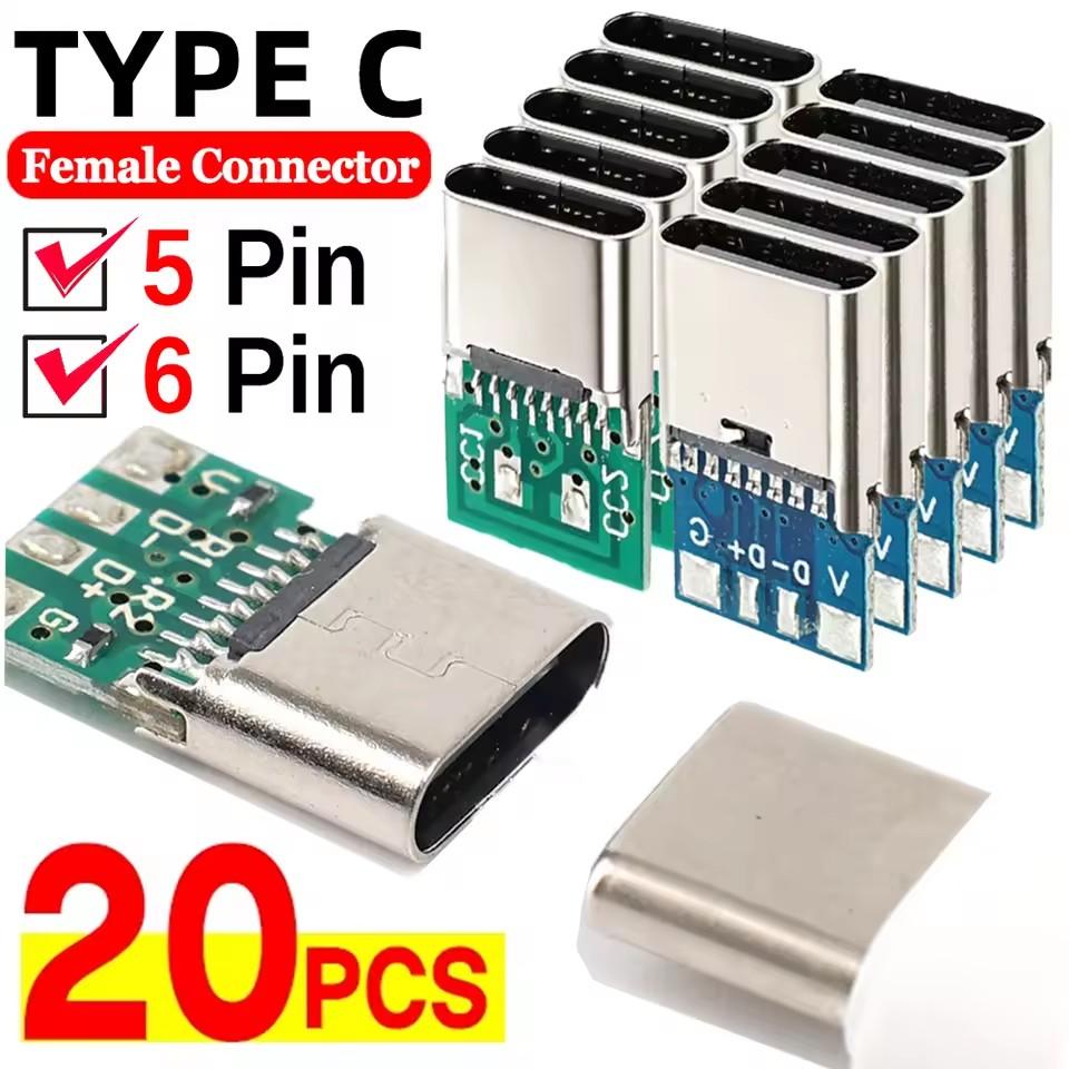 20-1 шт. 5/6-контактные female разъемы Type C USB Электрические клеммы Пайка DIY Кабель данных Поддержка Платы PCB Разъем Оборудование Ремонт