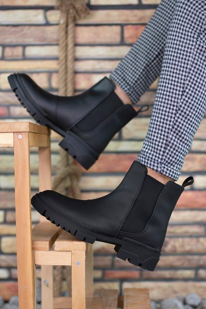 Men's Fashion Faux Leather Flat Heeled Booties Black Zipperless Boots Shoes