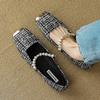 Fashion Elegant Tweed Cloth Ballet Shoes Ladies Square Metalic Toe Flats Pearl Beading Loafers Plaid Designer Office Dress Shoes Woman