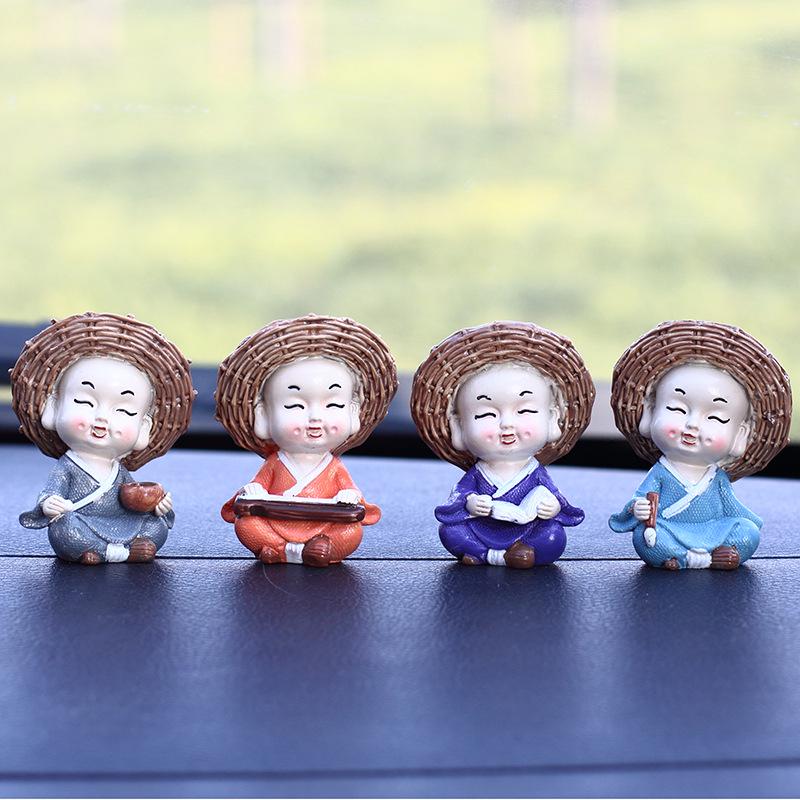 Adorable Car Accessories: Straw Hat Monk Doll Ornaments with Brazilian Wood Hydroponic Stand