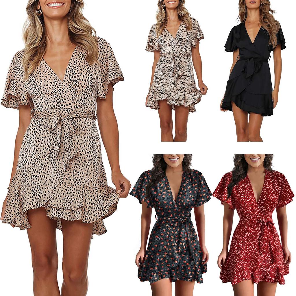 Summer V-Neck Casual Party Waist Wrapped Ruffle Dress Polka Dot Dress Beach Dress  Dress Slim Fit Women'S Belt Dress